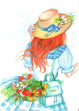  Colored pencil portrait of a young girl with a backpack. sunflowers and poppies in retro style