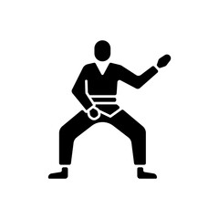 Fototapeta na wymiar Taekwondo black glyph icon. Martial arts. Karate fighter. Japanese jiu jitsu. Korean culture. Warrior training for tournament. Silhouette symbol on white space. Vector isolated illustration