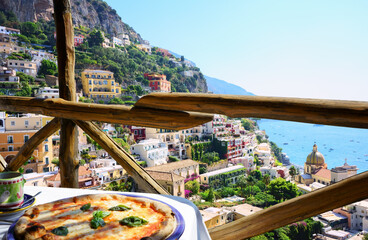 Restaurant terrace overlooking to a beautiful Positano, Amalfi coast, Italy