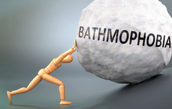 Bathmophobia and painful human condition, pictured as a wooden human figure pushing heavy weight to show how hard it can be to deal with Bathmophobia in human life, 3d illustration
