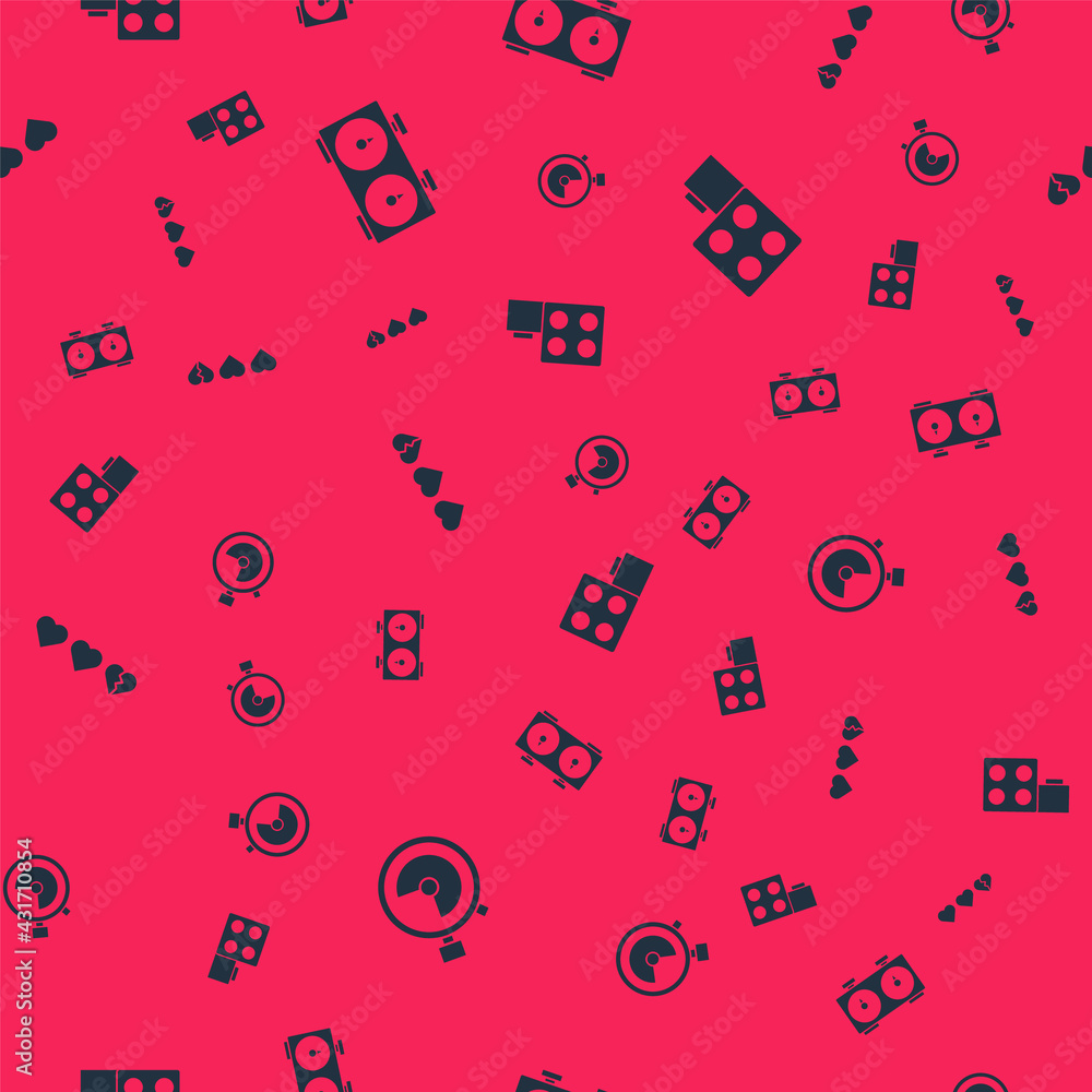 Poster set stopwatch, time chess clock, hearts for game and toy building block bricks on seamless pattern. 