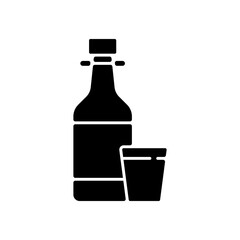 Soju black glyph icon. Asian alcoholic drink. Alcohol in bottle. Japanese sake. Beer, liquor. Korean culture. Vodka in glass. Silhouette symbol on white space. Vector isolated illustration