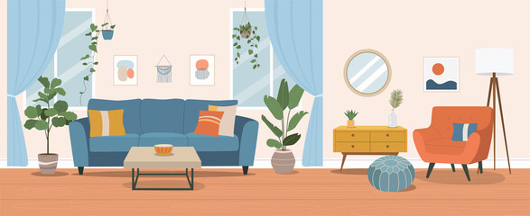 Living room interior. Vector flat  cartoon illustration - obrazy, fototapety, plakaty