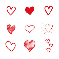 Collection of hand drawn red hearts isolated on white background. Vector illustration