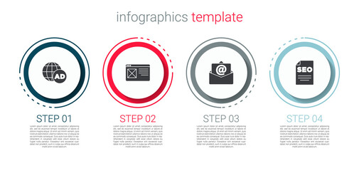 Set Advertising, Browser window, Mail and e-mail and SEO optimization. Business infographic template. Vector