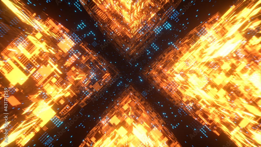 Poster flying in technological cyber space. sci-fi spaceship tunnel. futuristic technology abstract seamles