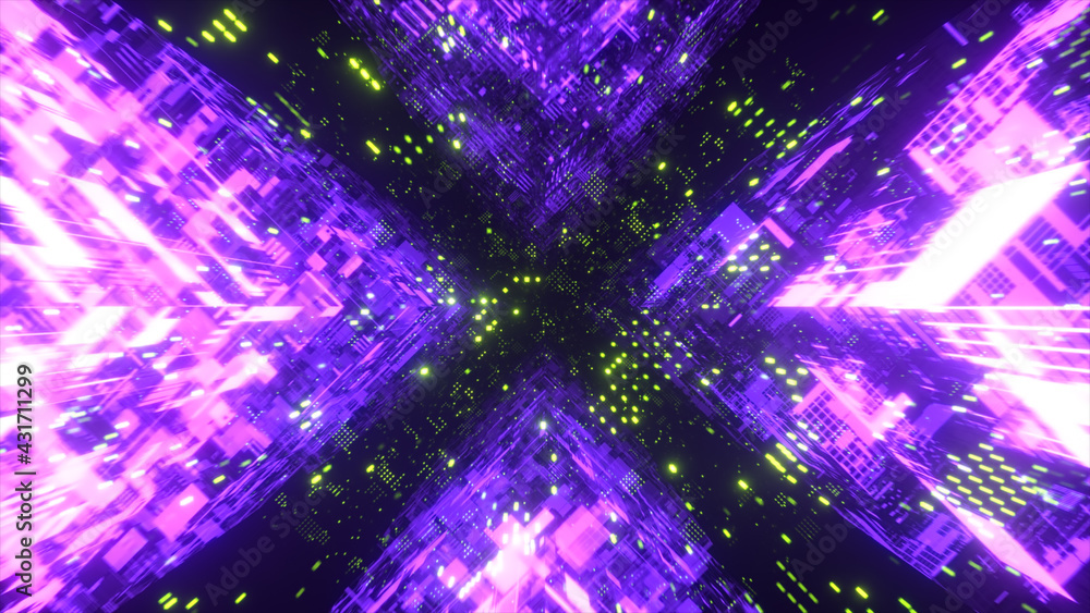 Poster flying in technological cyber space. sci-fi spaceship tunnel. futuristic technology abstract seamles