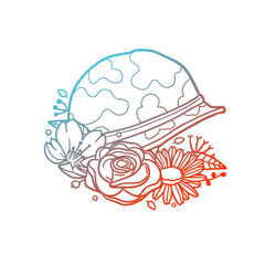 Soldier Helmet Rose Flower with Vintage War Design. Battle Floral frame ornament vector style. Decoration Design Wreath illustration.