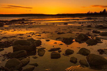 Brilliant Orange sunset on bay of fundy beach