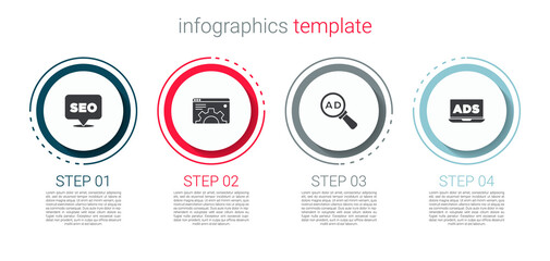 Set SEO optimization, Browser setting, Advertising and . Business infographic template. Vector