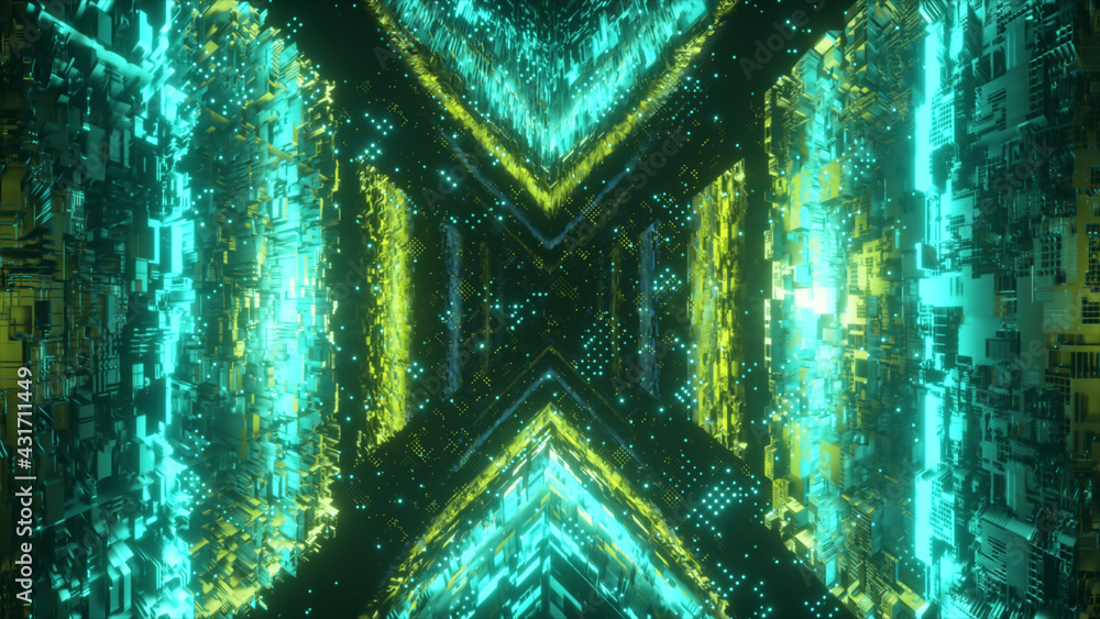 Aufkleber flying in technological cyber space. sci-fi spaceship tunnel. futuristic technology abstract seamles