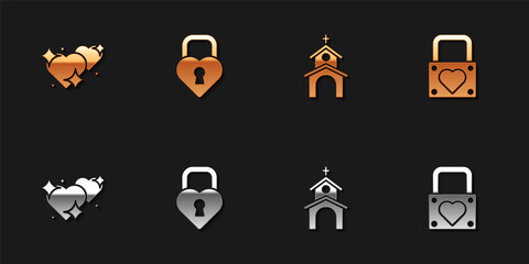 Set Two Linked Hearts, Castle the shape of heart, Church building and Lock and icon. Vector