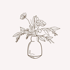 Homeflowers Botanical logo outline drawing. Minimal floral vintage style. Doodle plant vector illustration. Pure nature organic brush. Line drawing. Botanical floral badge. Eco product emblem.