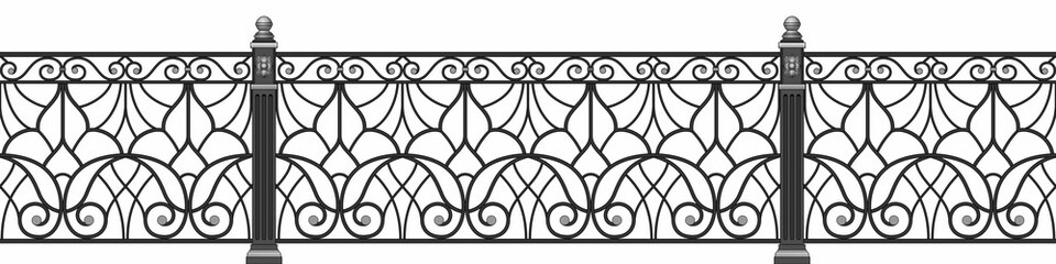 Iron railings for the city. Art Nouveau. Blacksmithing. Urban design. Balcony. Terrace. Facades. Classic architecture. Template for architectural projects. Iron fence. Isolated. White background.	