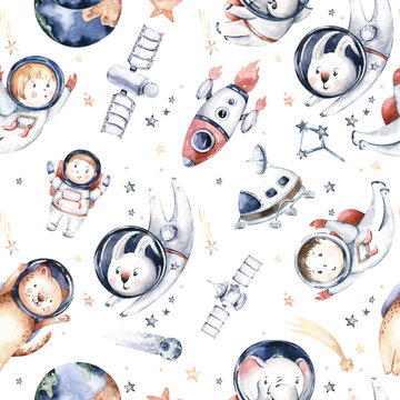 Astronaut seamless pattern. Universe kids Baby boy girl elephant, fox cat and bunny, space suit, cosmonaut stars, planet, moon, rocket and shuttle watercolor space ship background