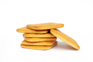 saltine cheese crackers on white isolated background top view.