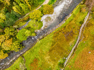 Aerial view of Stonethwaite Beck, a small river formed at the confluence of Langstrath Beck and...