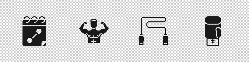 Set Calendar fitness, Bodybuilder muscle, Jump rope and Boxing glove icon. Vector