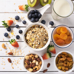 Material raw food homemade muesli breakfast cereal granola and and mix fruits on white wooden and space top view.