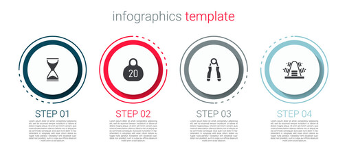 Set Old hourglass, Kettlebell, Sport expander and Metal rack with weights. Business infographic template. Vector