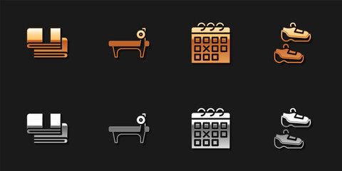 Set Towel stack, Bench with barbel, Calendar fitness and Sport sneakers icon. Vector