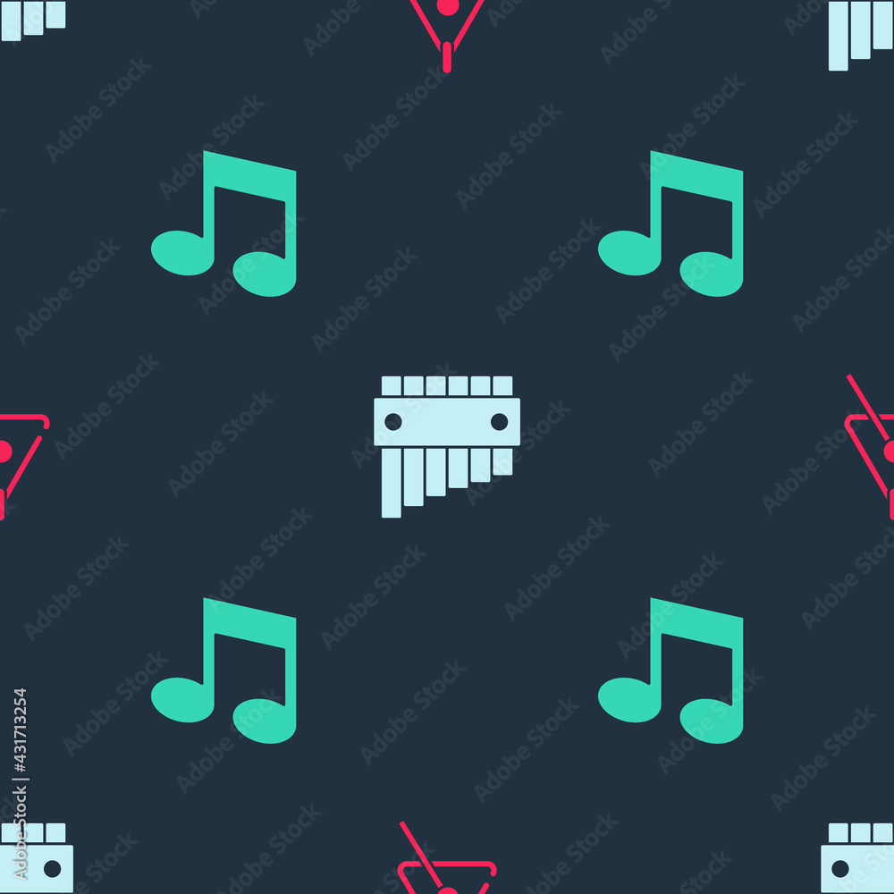 Poster set triangle, pan flute and music note, tone on seamless pattern. vector