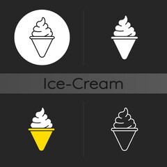Ice cream cone dark theme icon. Cone-shaped frozen pastry. Soft serve. Frozen ingredients. Waffle cone, poke. Linear white, simple glyph and RGB color styles. Isolated vector illustrations
