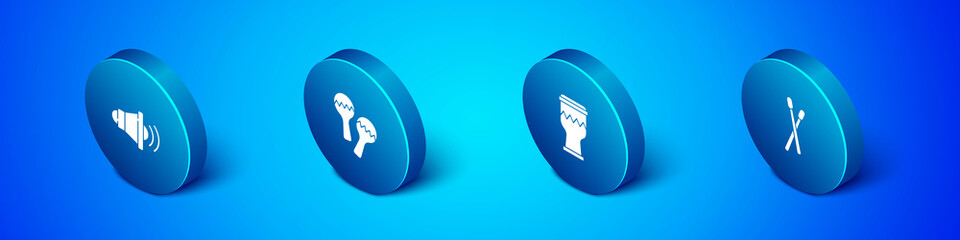 Set Isometric Speaker volume, Drum, sticks and Maracas icon. Vector