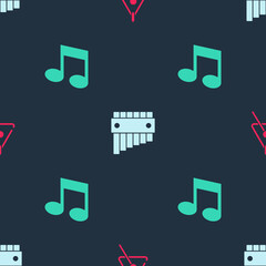 Set Triangle, Pan flute and Music note, tone on seamless pattern. Vector