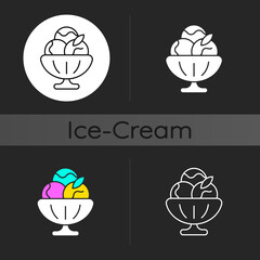 Sorbet dark theme icon. Sherbet ice cream. Fruit-forward frozen treat. Sweetened water and frozen fruit mixture. Linear white, simple glyph and RGB color styles. Isolated vector illustrations