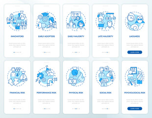 Item adoption onboarding mobile app page screen with concepts set. Innovator, laggard, social risk walkthrough 5 steps graphic instructions. UI, UX, GUI vector template with linear color illustrations