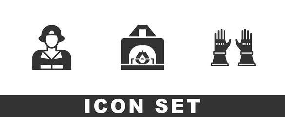 Set Firefighter, Interior fireplace and gloves icon. Vector
