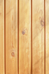 Close-up view wall from wooden planks. Fragment of the wall, sheathed with vertical planks, with a knots. Natural wall decoration material. Wood texture or wood background for design