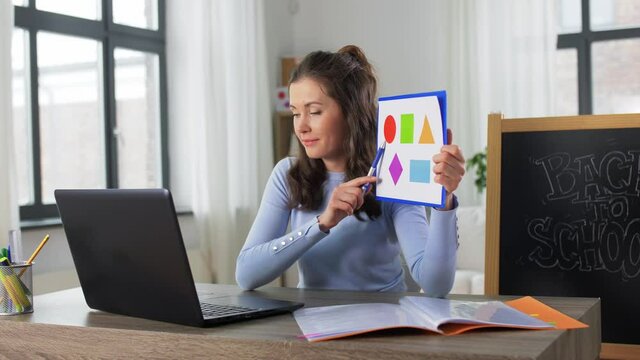 distant education, primary school and teaching concept - female teacher with laptop computer and picture of forms in different colors having online class at home