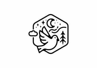 Black line art illustration of bird in hexagon shape