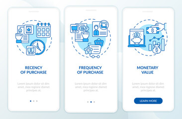 RFM model analytics onboarding mobile app page screen with concepts. Newness, frequency walkthrough 3 steps graphic instructions. UI, UX, GUI vector template with linear color illustrations