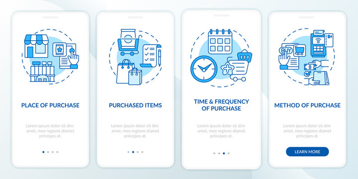 Buyer behavior patterns onboarding mobile app page screen with concepts. Purchase point, items walkthrough 4 steps graphic instructions. UI, UX, GUI vector template with linear color illustrations