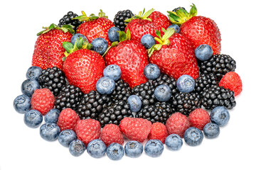 Fresh berries strawberries, raspberries, blackberries and blueberries isolated on white background. Heap of different berries top view.