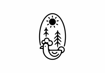 Black line art illustration of hen in stand oval shape