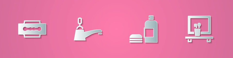Set paper cut Blade razor, Water tap, Bottle of shampoo and Washbasin mirror icon. Paper art style. Vector