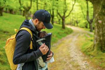 A young father with a yellow backpack walking with the newborn child in the backpack on a path in the woods