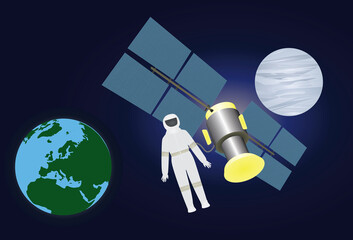 Spaceman outside satellite in space. vector