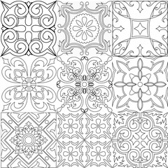 Set of tiles background. Black and white mosaic background in dutch, portuguese, spanish, italian style.
