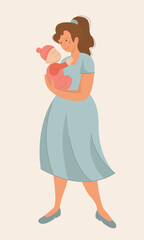 Image of a happy mom with a baby in her arms. Love and care for the newborn. Happiness to be a mother. Hand drawing in flat style. Mother's day card.