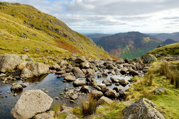 Rushing waters of Stickle Ghyll, located in the Lake District, Cumbria, UK