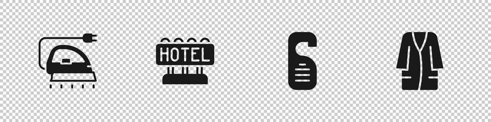 Set Electric iron, Signboard with text Hotel, Please do not disturb and Bathrobe icon. Vector