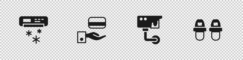Set Air conditioner, Digital door lock, Security camera and Hotel slippers icon. Vector