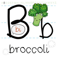 Cute Little Broccoli Teaching at you the Alphabet, Vector Illustration