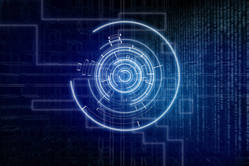 Blue digital futuristic circle on dark blue background. Technology wallpapr with html code.