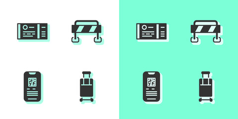 Set Suitcase, Train ticket, E-ticket train and Road barrier icon. Vector